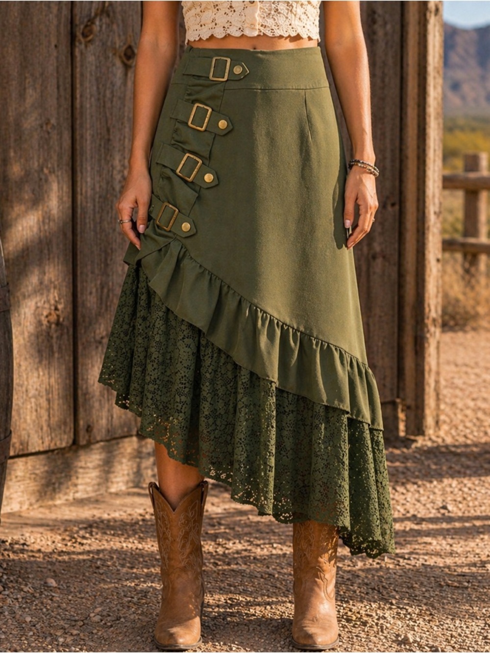 Olive Green Asymmetrical Ruffle Lace Skirt Size Small NIP